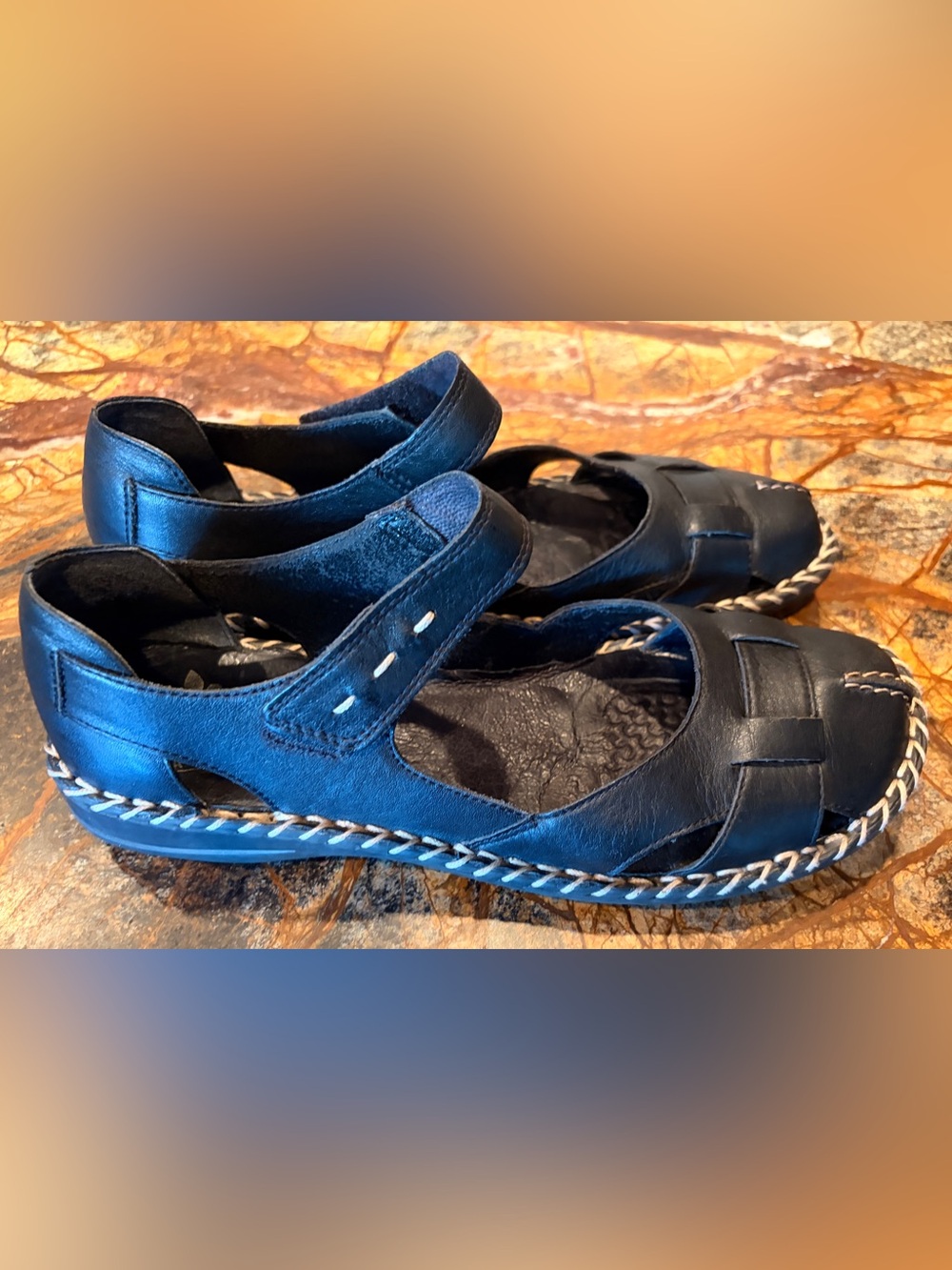 Rieker Black Mary Jane Leather Walking Sandals with Braided Sole Trim - Picture 2 of 8